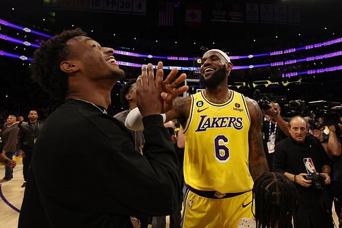 Bronny and LeBron James (right) during an NBA game.