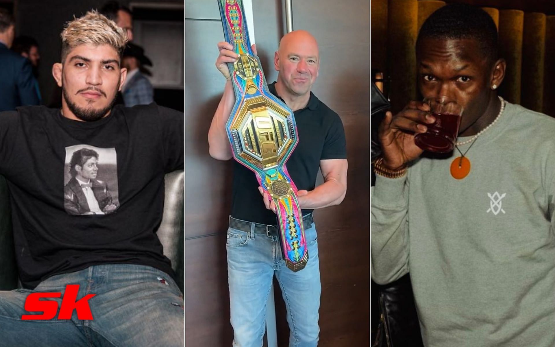 Dillon Danis (left - via @dillondanis), Dana White with Noche UFC belt (center - via @danawhite), Israel Adesanya (right - via @stylebender)