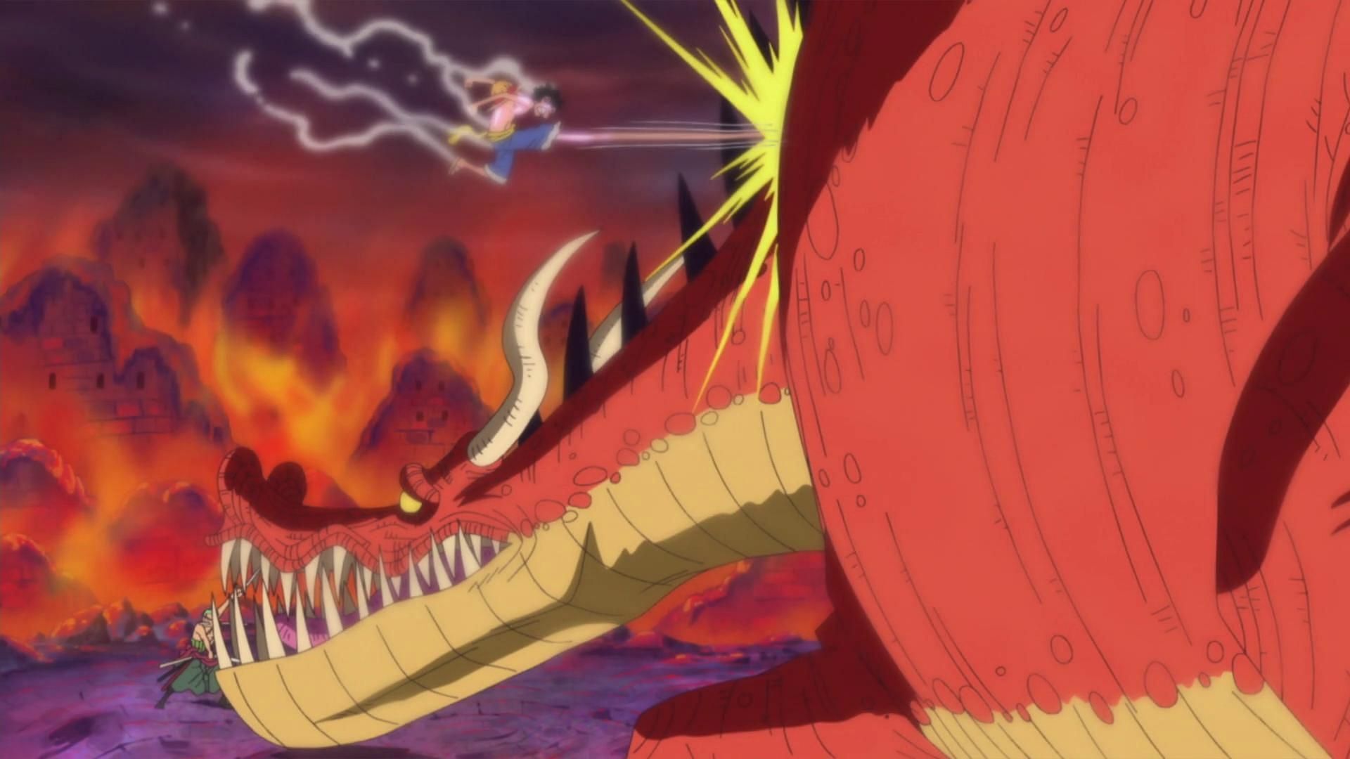 Luffy and Zoro vs Punk Hazard&#039;s dragon (Image via Toei Animation, One Piece)