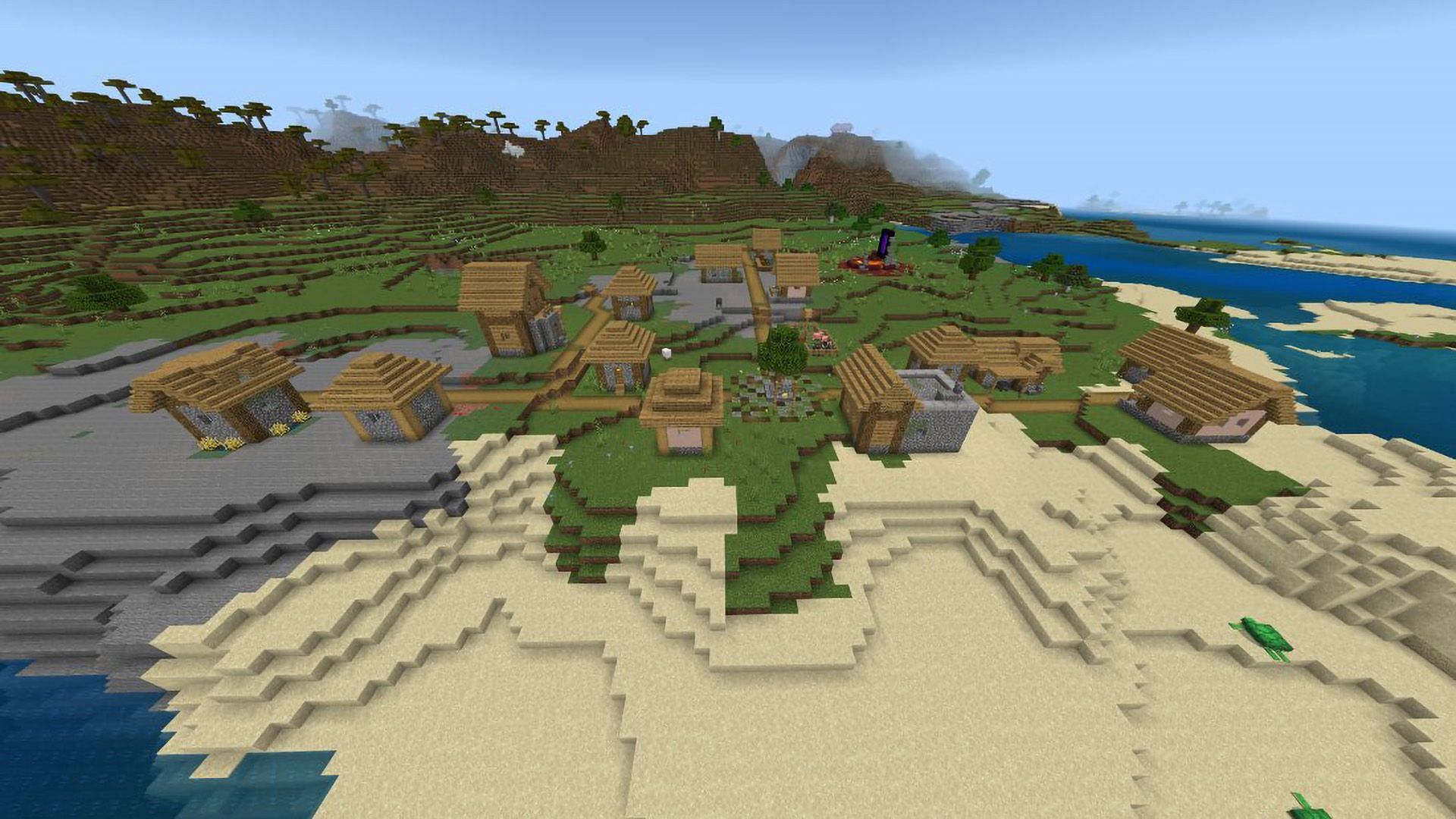 Swim ashore to discover the secrets this Minecraft village holds (Image via Mojang)