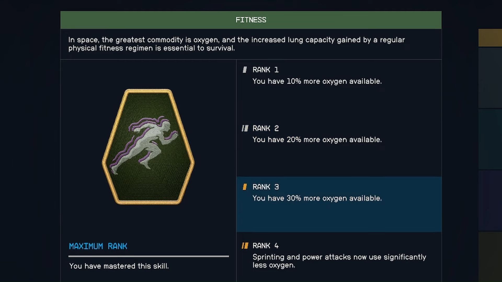 Starfield Fitness skill at Rank 3 (Image via Bethesda) 