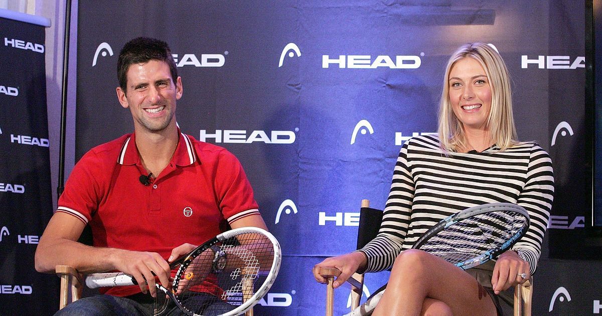 Novak Djokovic and Maria Sharapova pose at a media event organized by their sponsor HEAD