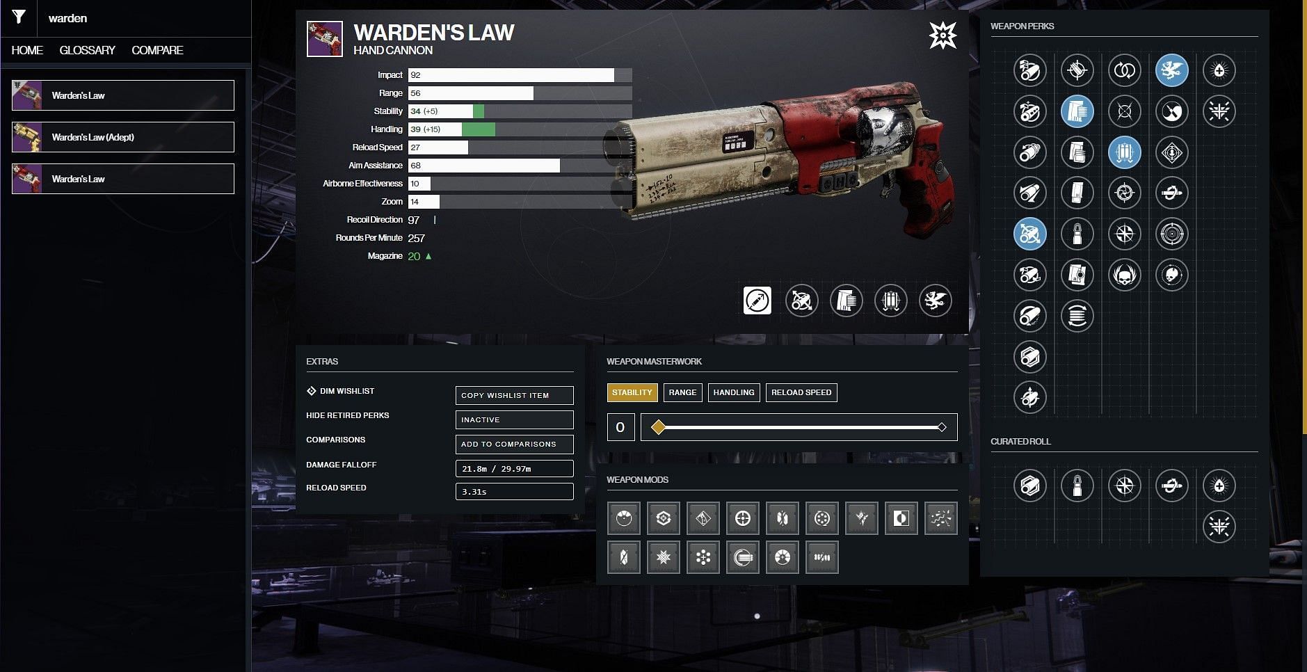 Warden&#039;s Law PvE god roll (Image via D2 Gunsmith)