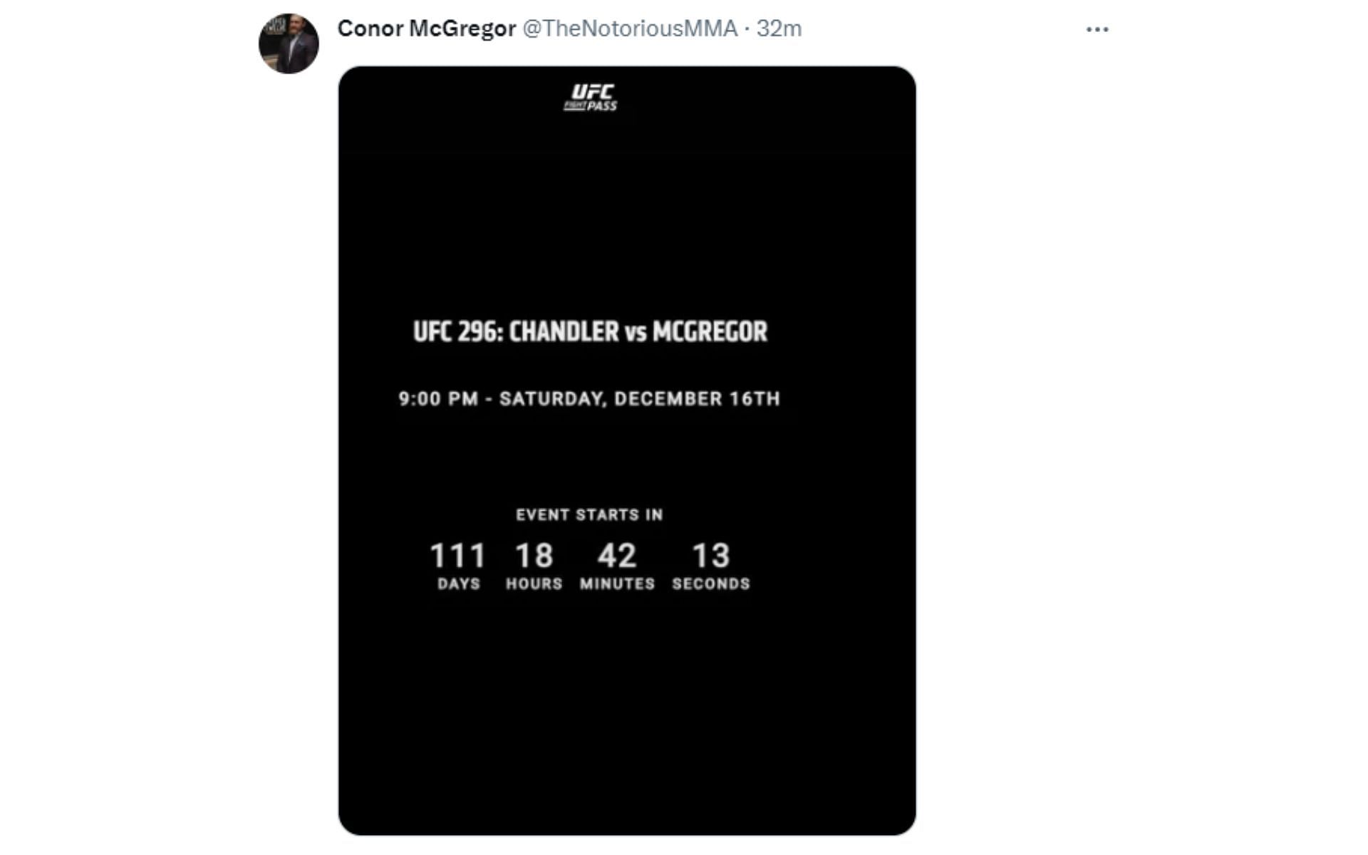 McGregor&#039;s deleted tweet revealing UFC 296 card details. [via Twitter @thenotoriousmma]