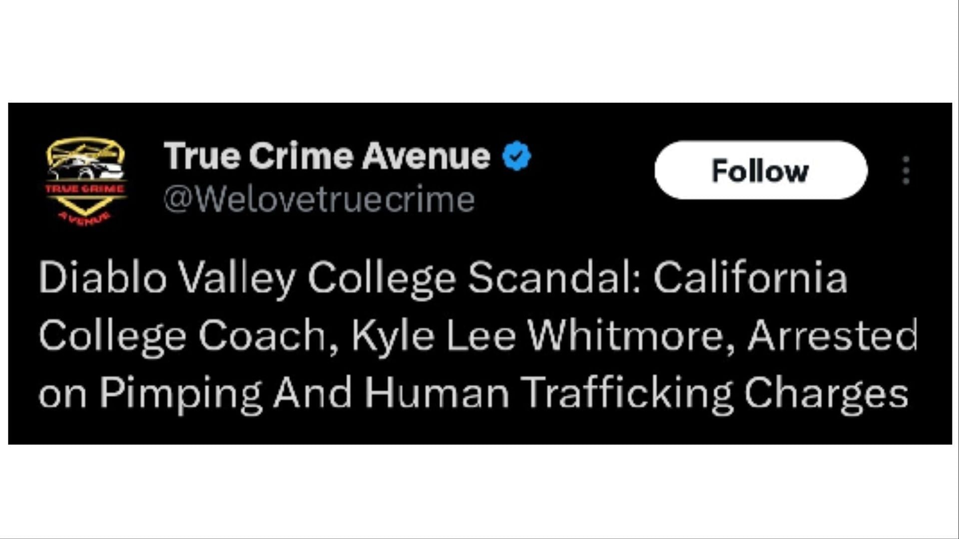 Whitmore was arrested after a woman reported him (Image via @Welovetruecrime/Twitter)