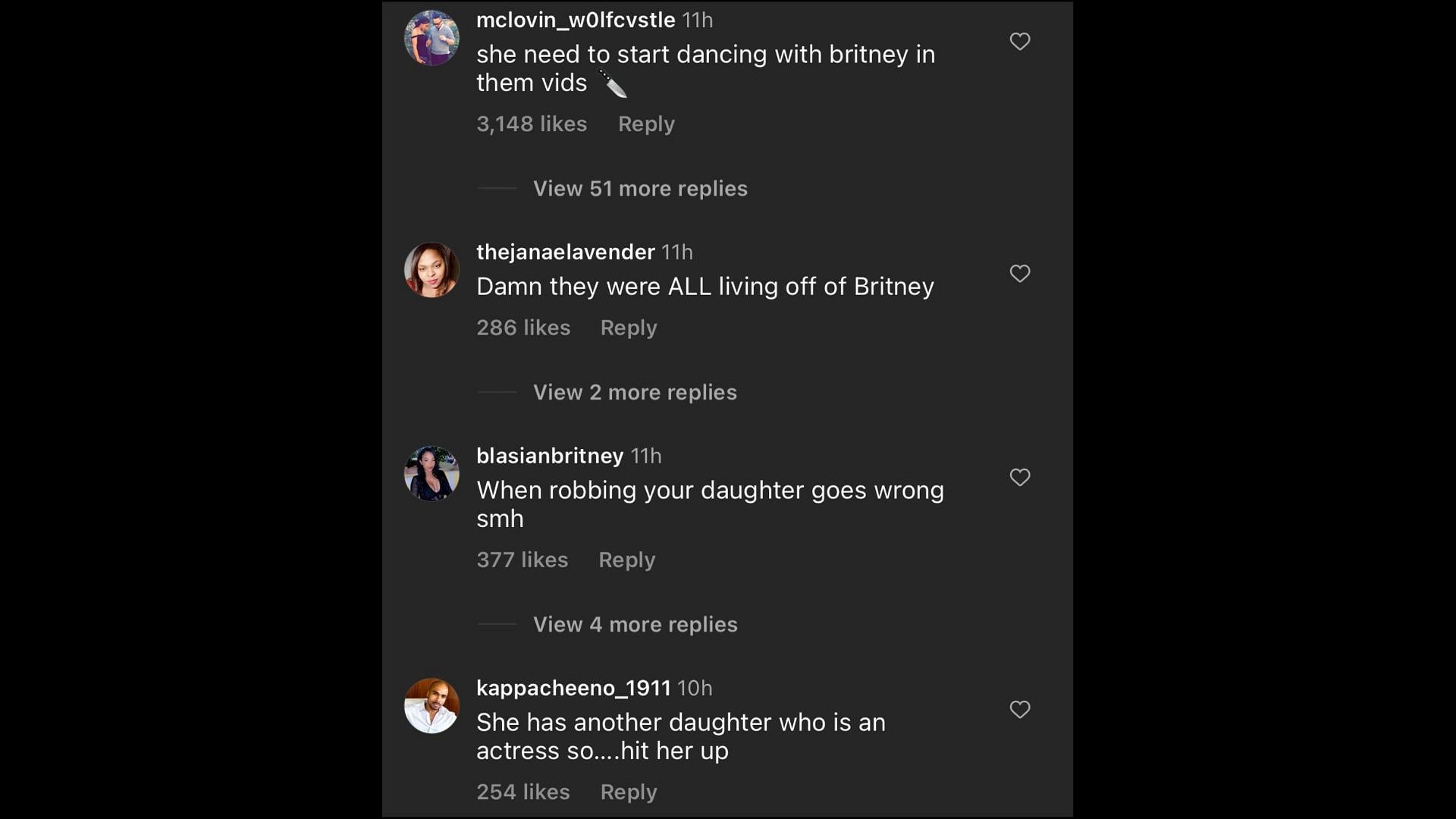 Screenshot of Internet users remarking on Lynne&#039;s financial condition after falling out with Britney. (Photo via @hollywoodunlocked/Instagram)