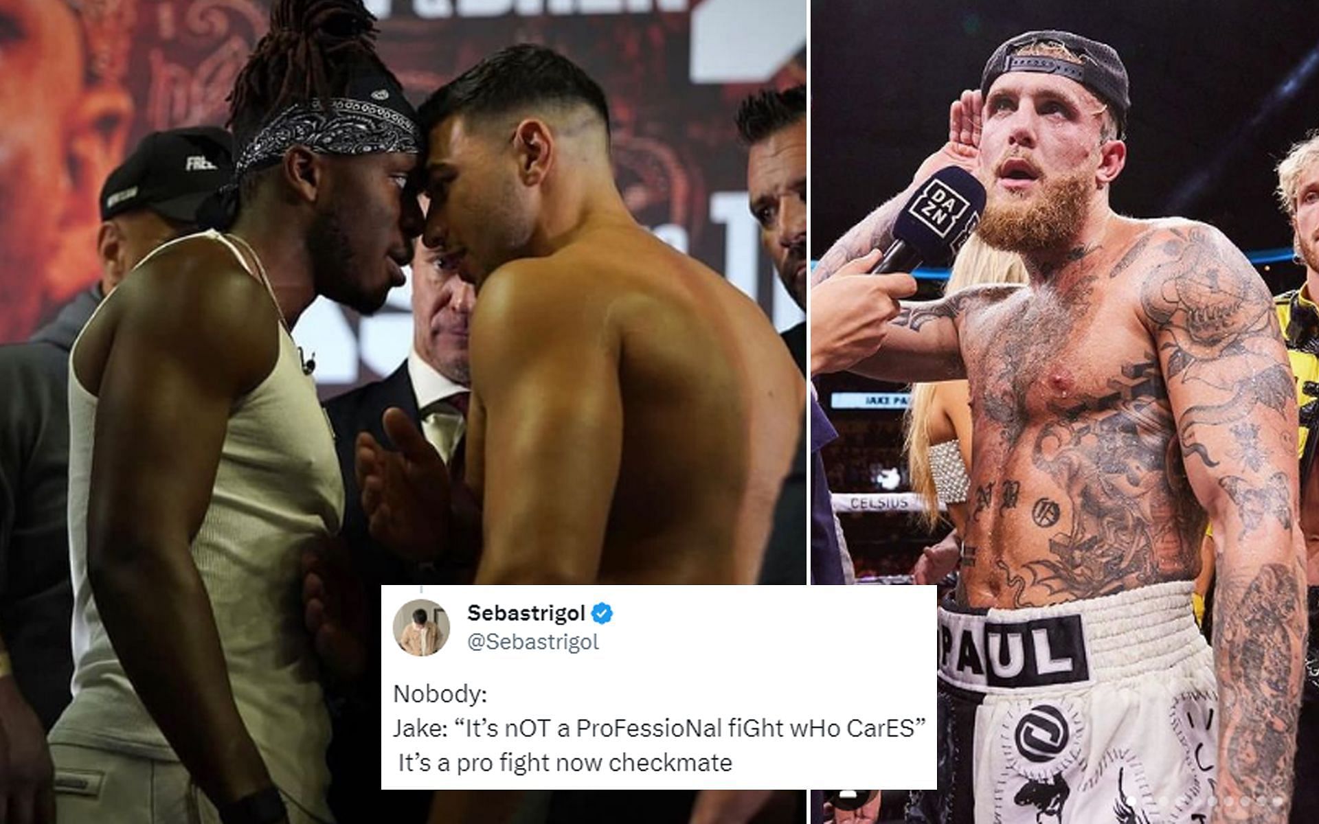 KSI and Tommy Fury during face-off (left) and Jake Paul (right) (Images via @ksi and @jakepaul Instagram)