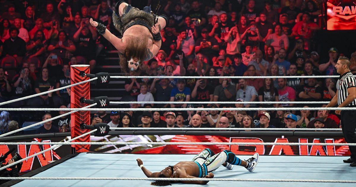 Ivar with a moonsault on Kofi Kingston on RAW.