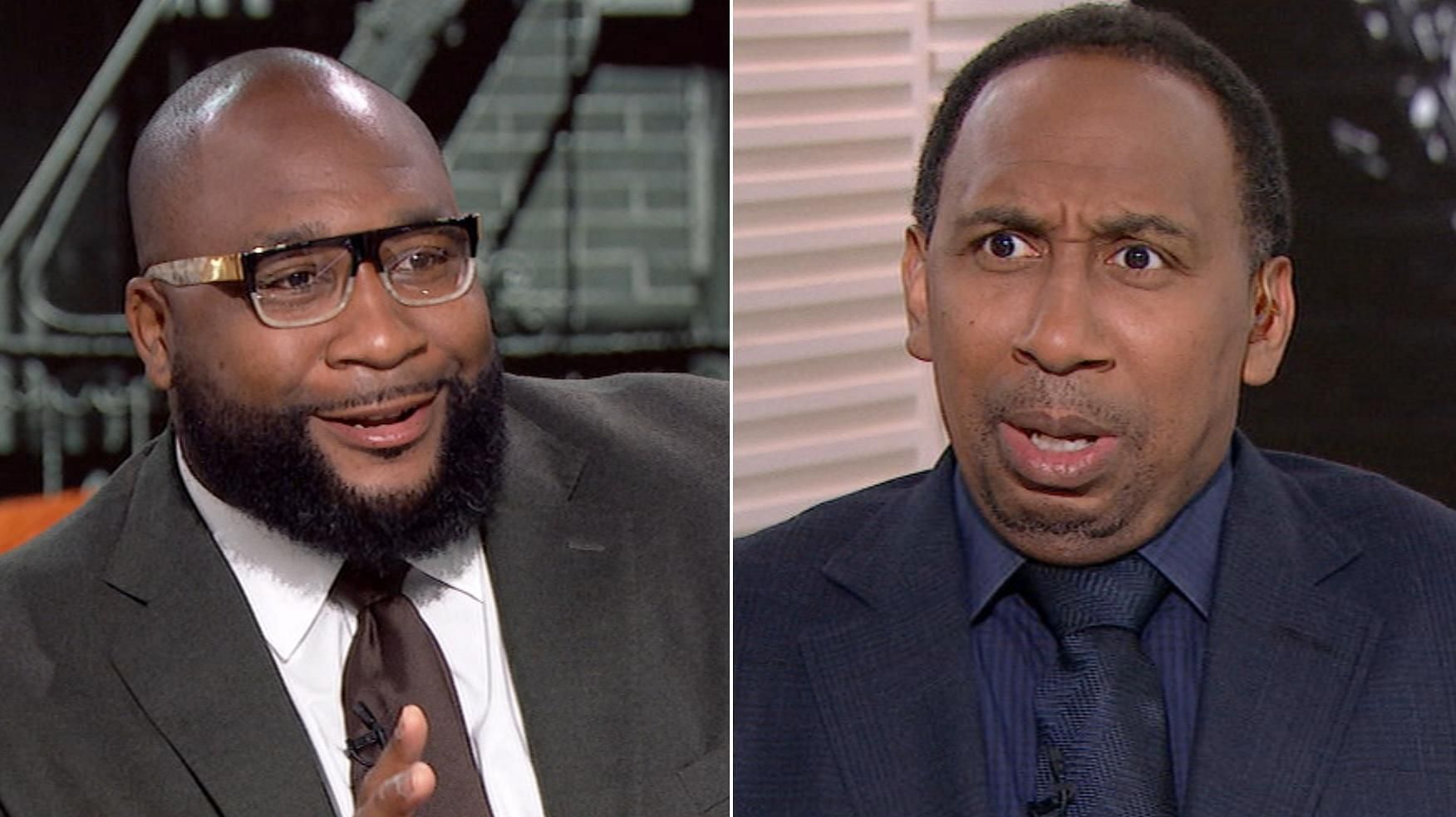 Stephen A. mocks Marcus Spears with his own glasses 