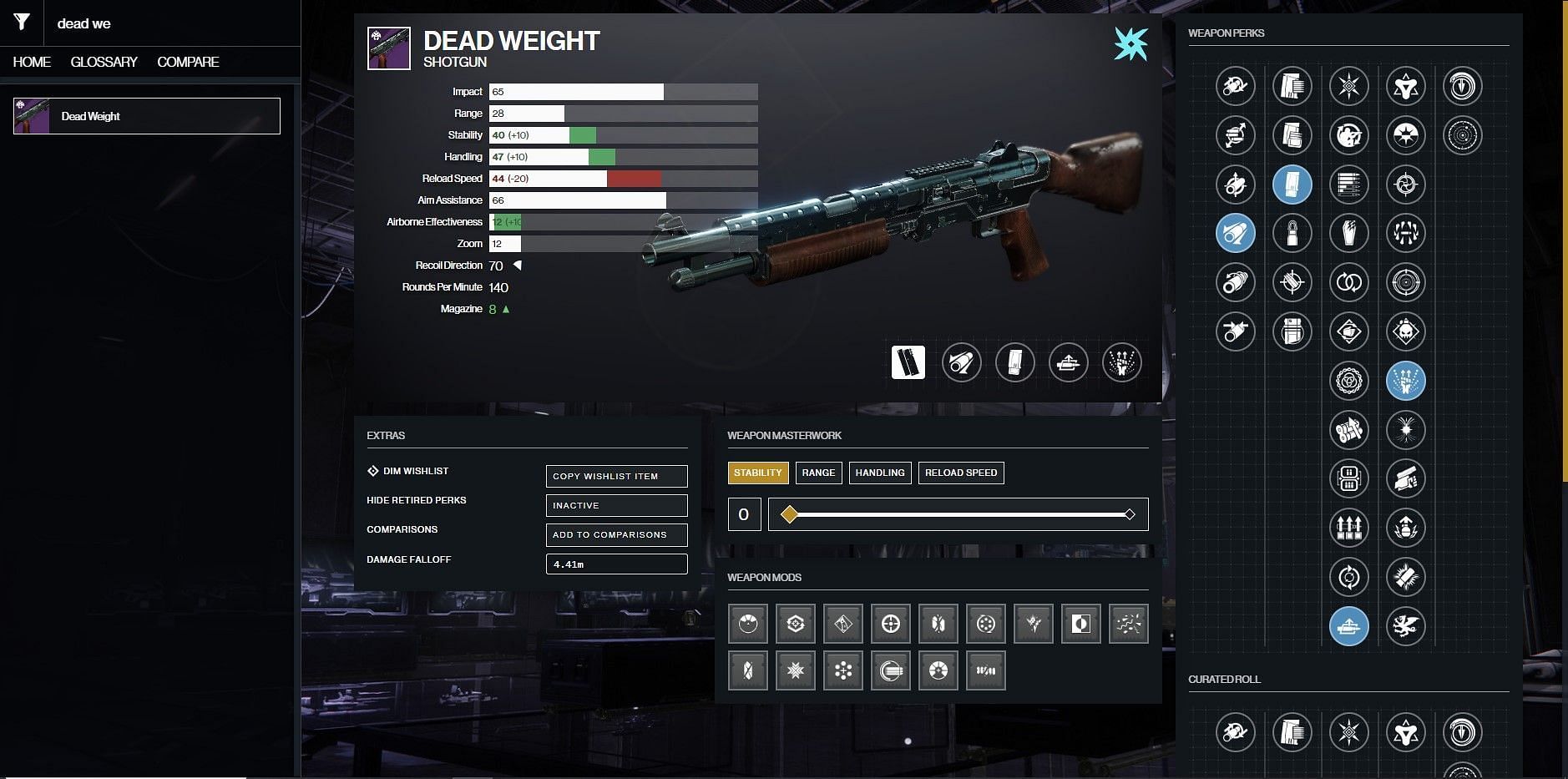 PvE god roll for Dead Weight Rapid Fire Framed Shotgun (Image via D2 Gunsmith)