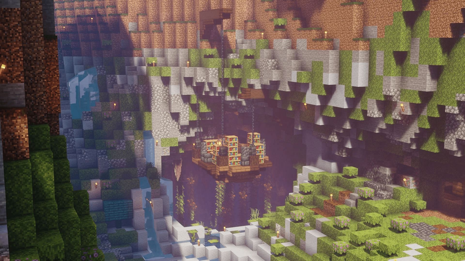 The natural greenery of lush cave biomes accent this Minecraft build perfectly (Image via MrDankoDankins/Reddit)