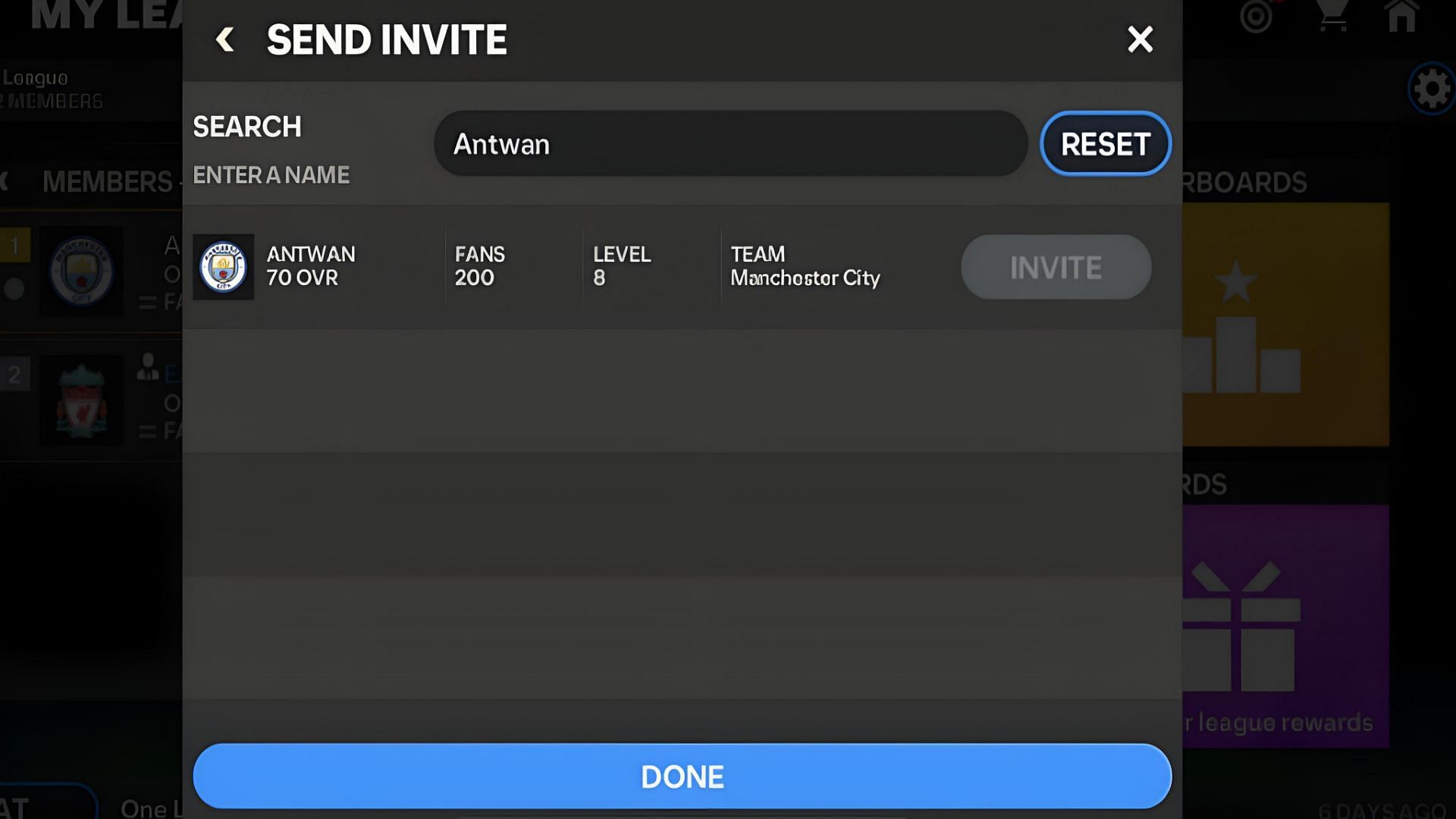 Snippet showing invitation process in EA FC Mobile League (Image via EA Sports)