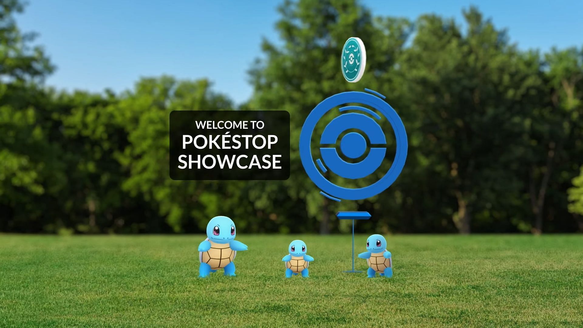 Three Squirtle of different sizes stand next to a Pokestop Showcase in Pokemon GO.