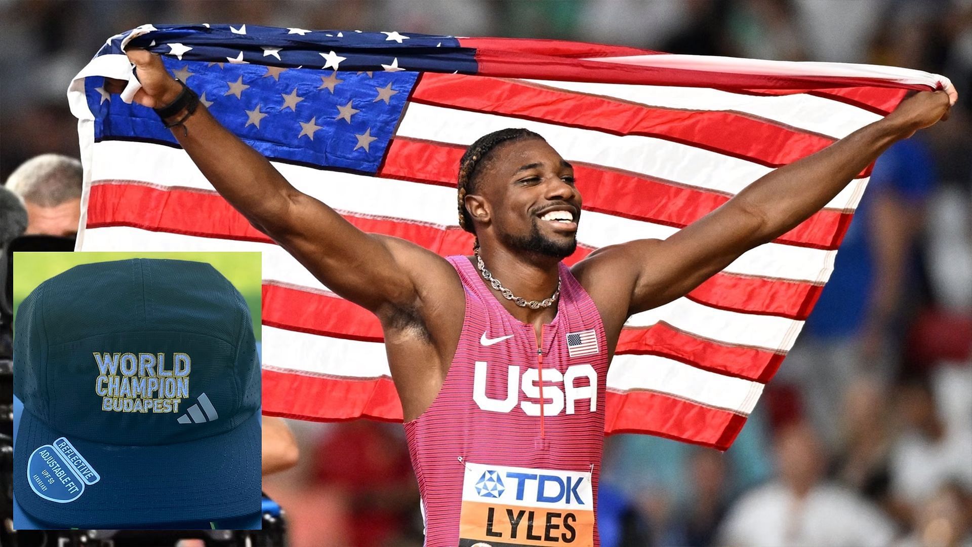 Noah Lyles at the 2023 World Athletics Championships and his Hat (Image via Sportskeeda)