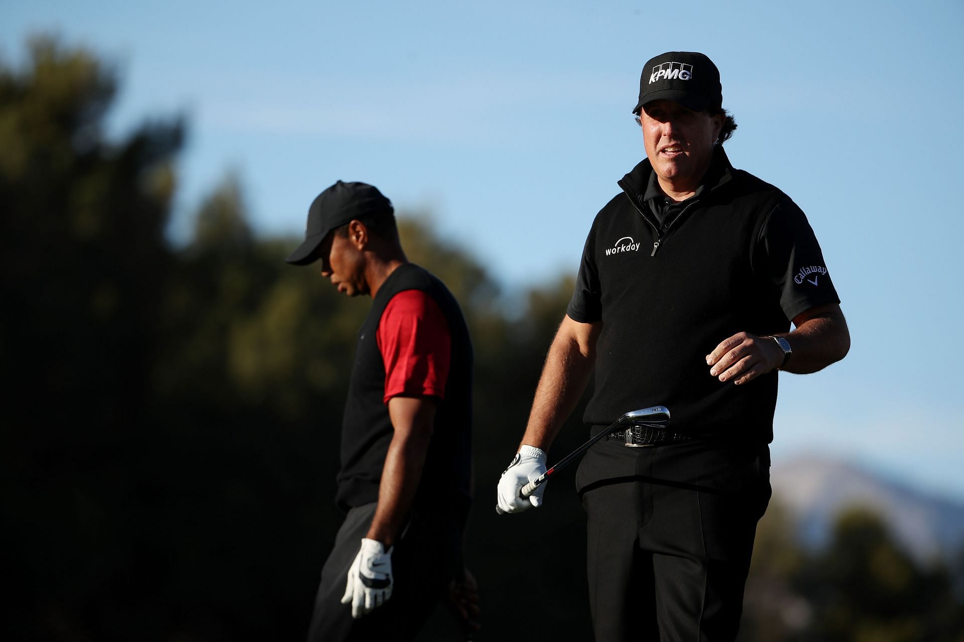 Tiger Woods and Phil Mickelson walk during The Match: Tiger vs. Phil at Shadow Creek Golf Course