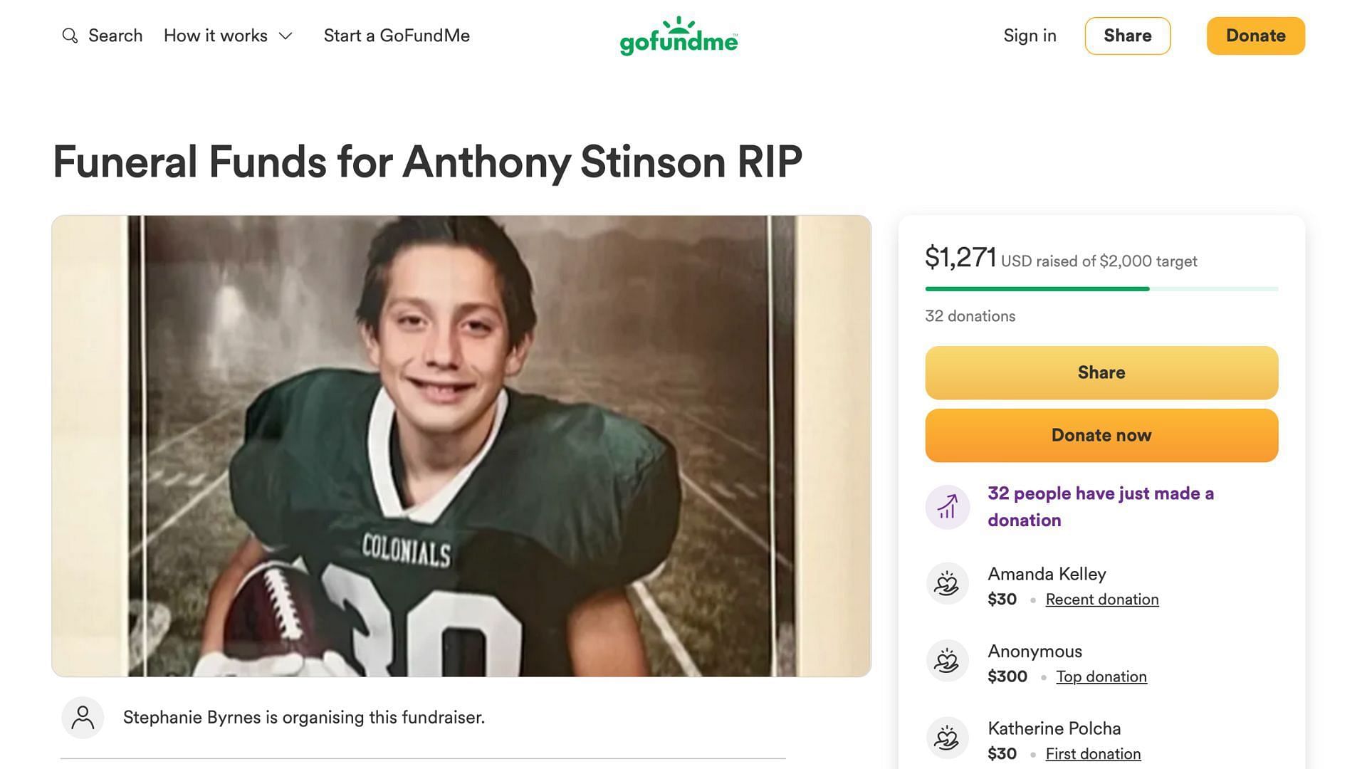 Anthony&#039;s GoFundMe page (Image via GoFundMe.com)