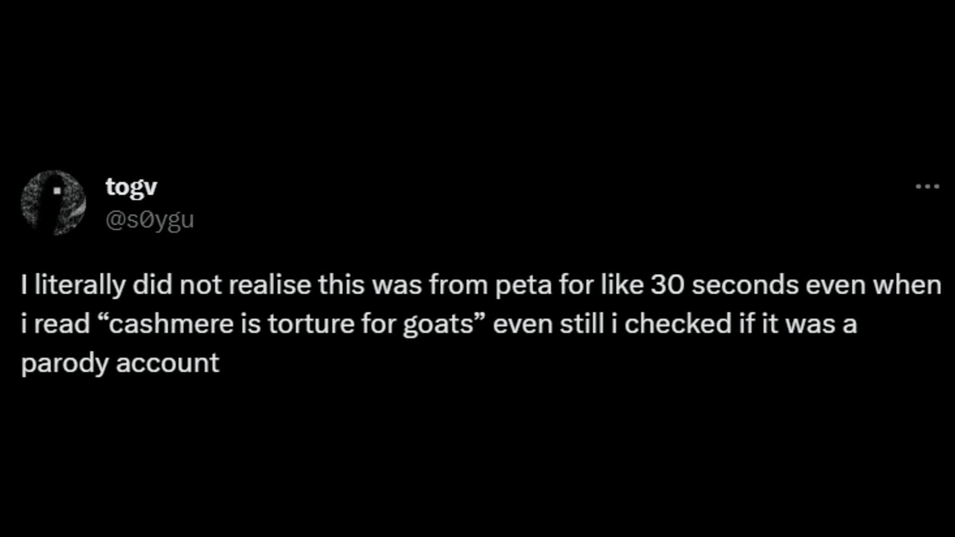 A netizen trolls PETA, saying that its content is parodical. (Image via X/togv)