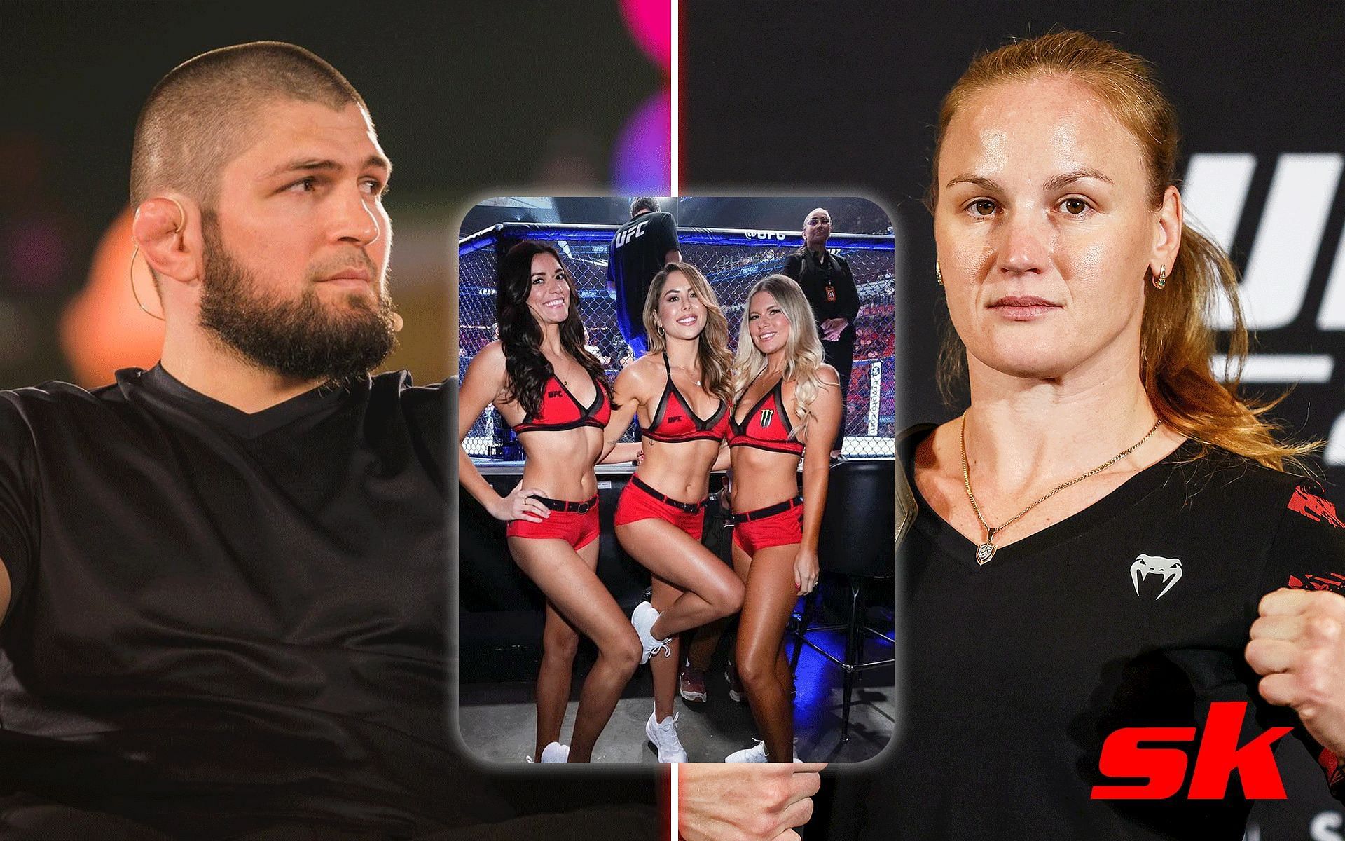 Khabib Nurmagomedov, UFC ring girls and Valentina Shevchenko [Image credits: Getty Images, @brittneypalmer and @khabib_nurmagomedov on Instagram] 