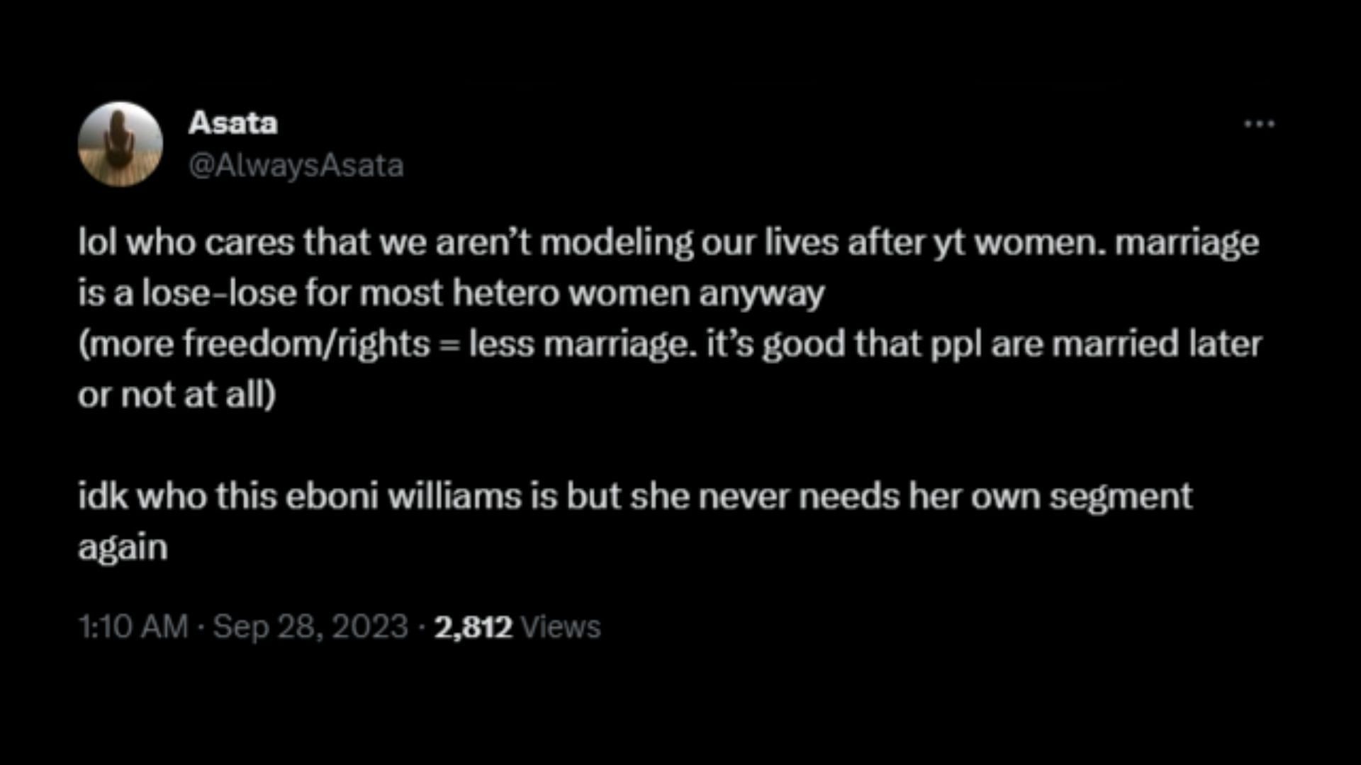 Screenshot of an X user remarking on Williams&#039; advice to Black women on marriage. (Photo via @theGrio/X)