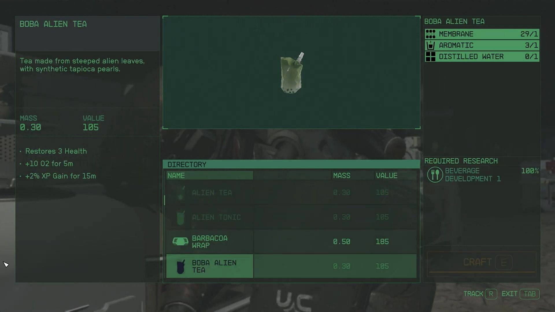 Boba Alien Tea and its stats (Image via Bethesda)