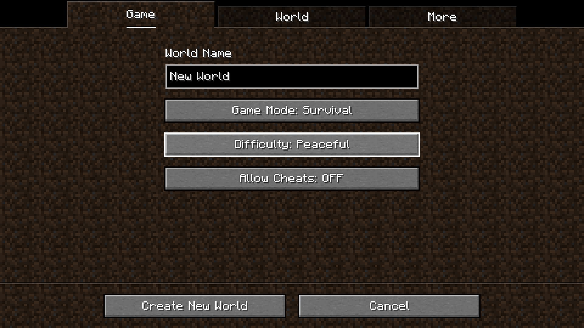 Peaceful difficulty being activated while creating a new Minecraft world.
