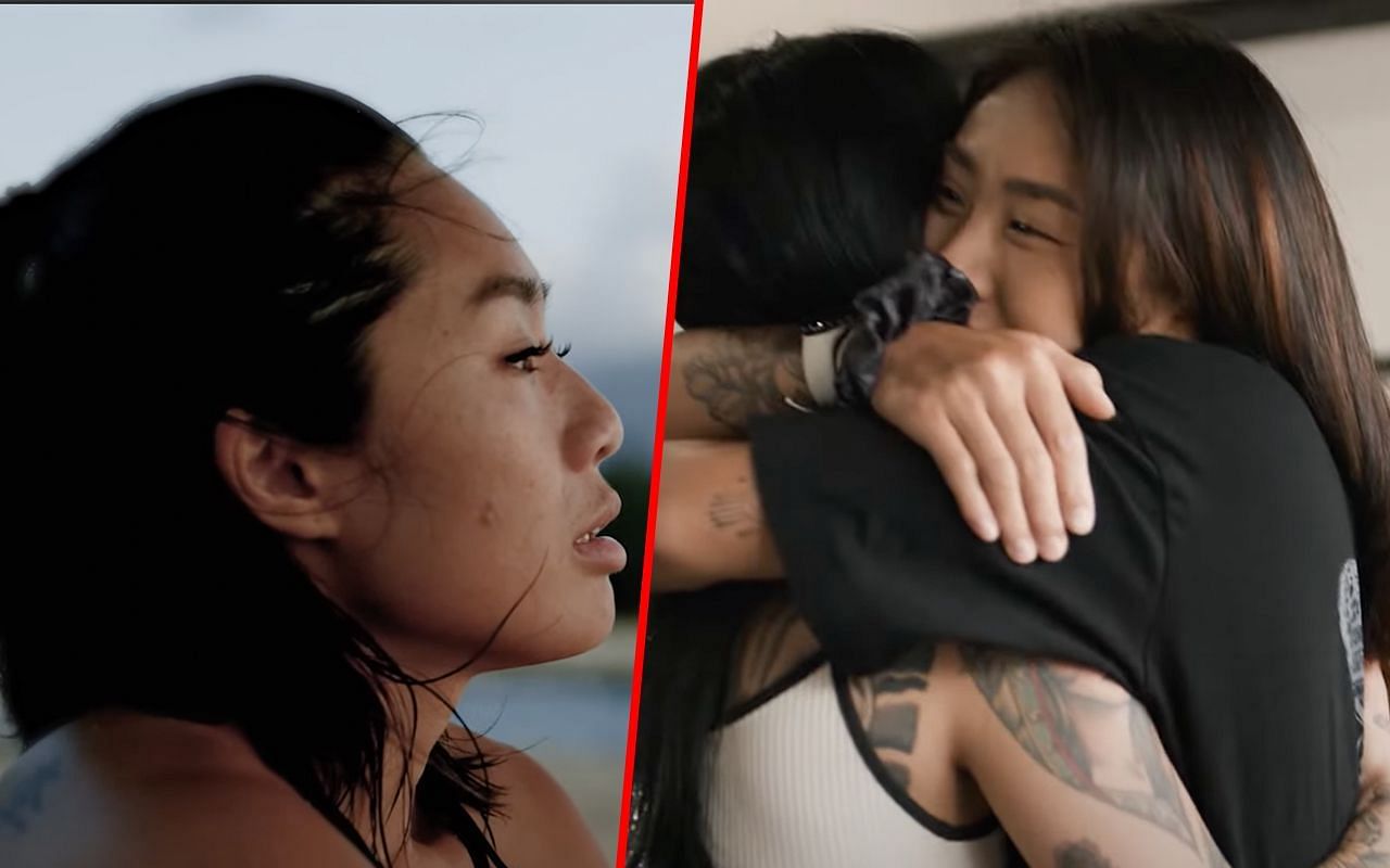 Angela Lee (left) and Lee hugging another fighter (right)