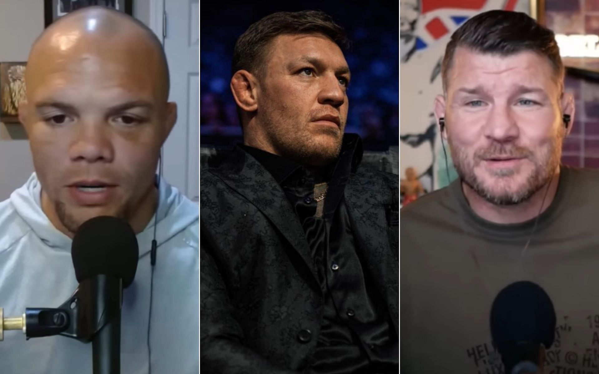 Anthony Smith [Left], Conor McGregor [Middle], and Michael Bisping [Right] [Photo credit: Michael Bisping Podcast - YouTube and @thenotoriousmma - Instagram] 