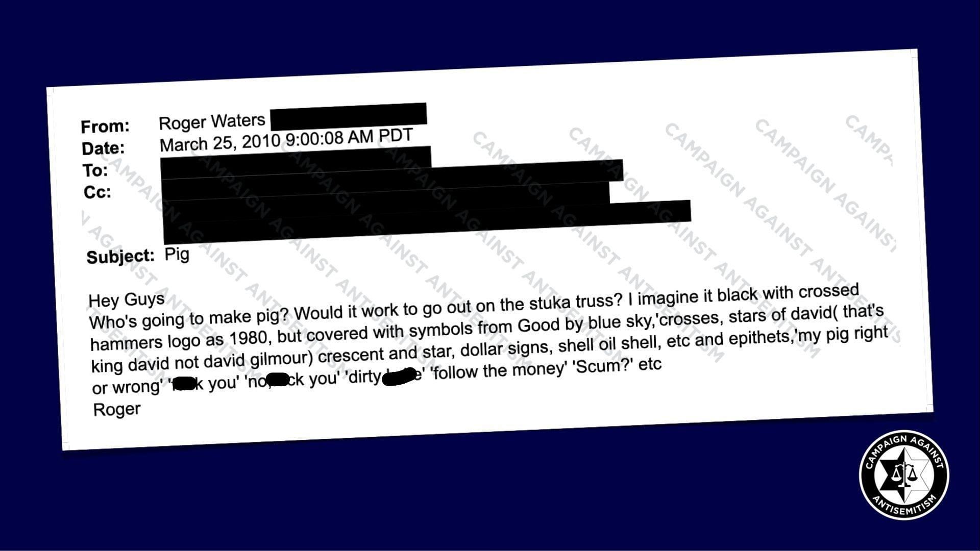 Screenshot of Roger Waters&#039; alleged email (Photo via @antisemitism/X)