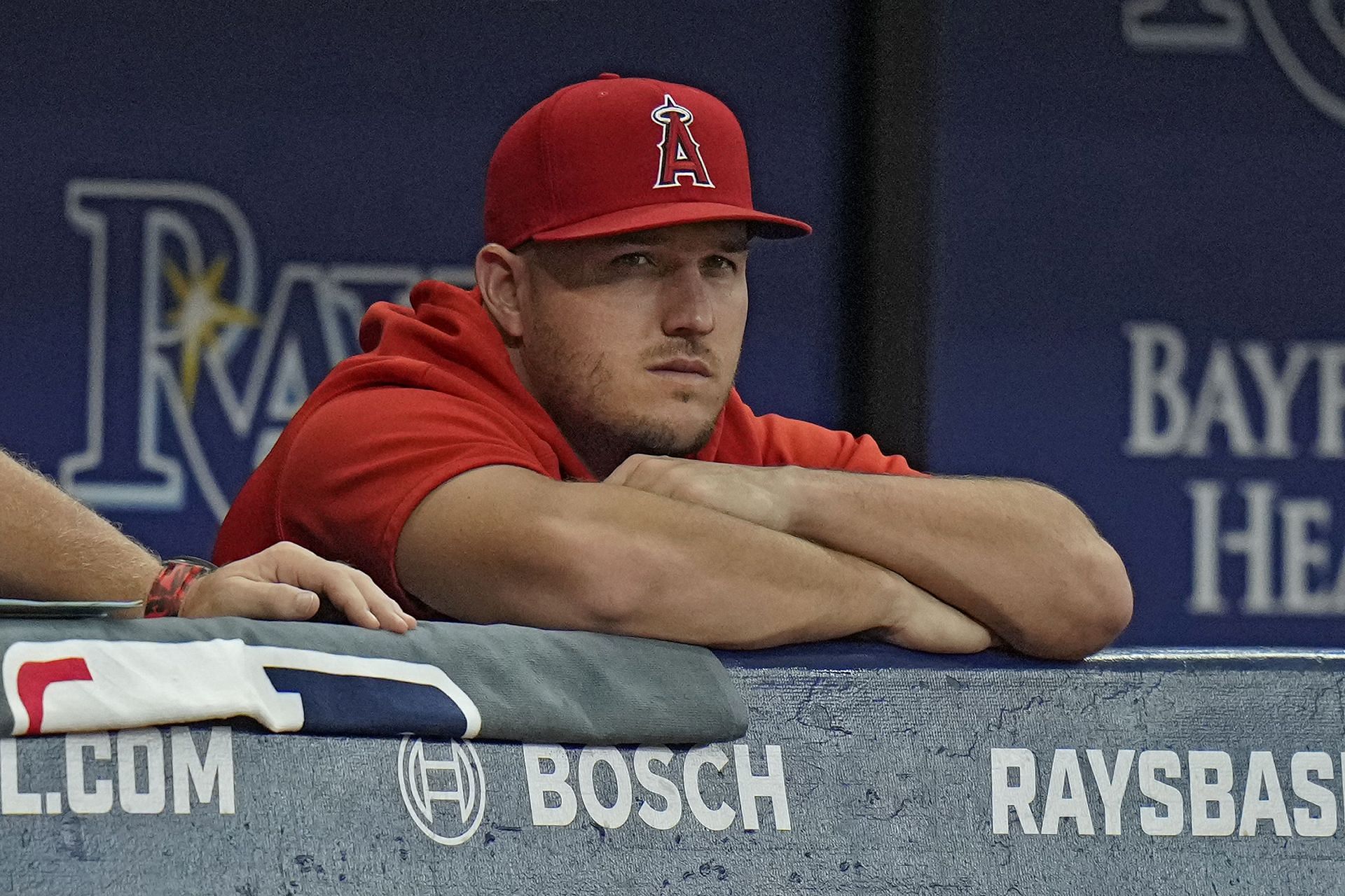 Los Angeles Angels outfielder Mike Trout watches from the bench against the Tampa Bay Rays.