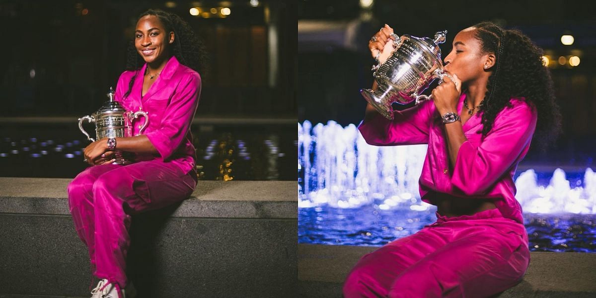 Coco Gauff kisses the US Open trophy (left).