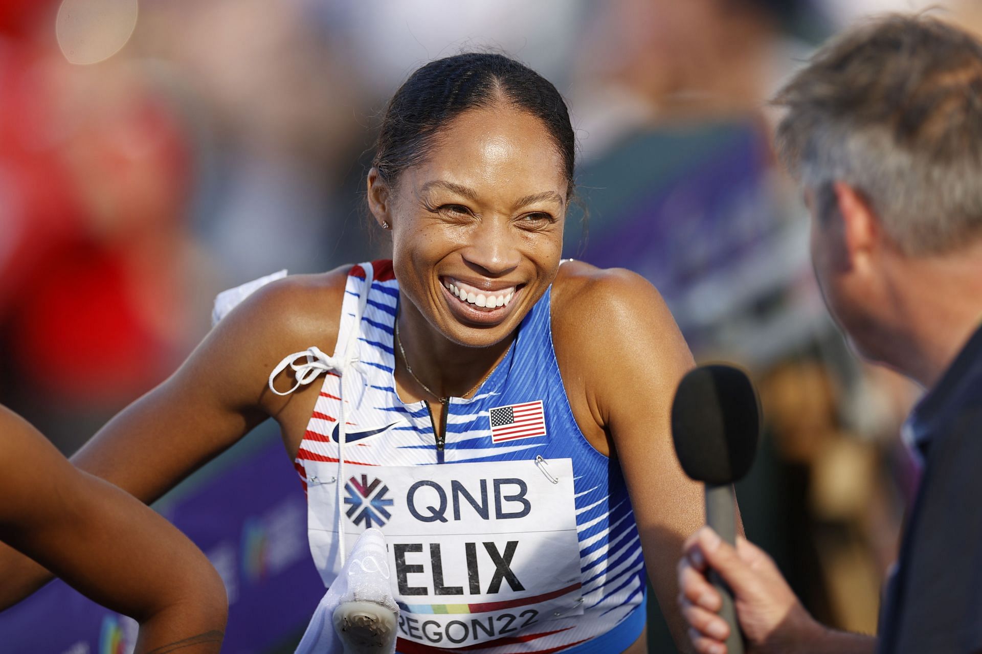 Allyson Felix after competing in the women&#039;s 4x400m heats at the 2022 World Athletics Championships in Eugene, Oregon