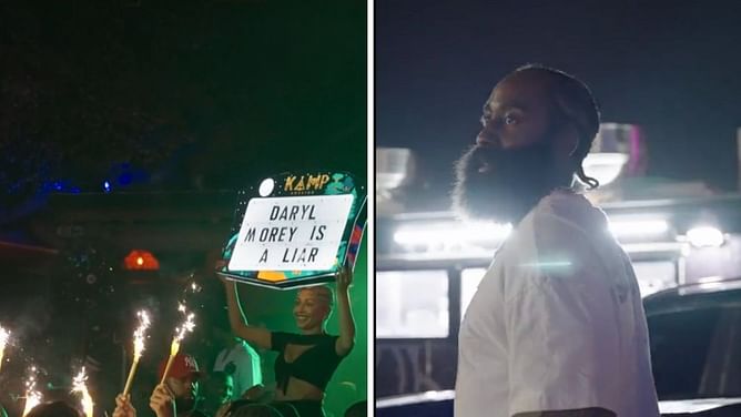Watch: James Harden's infamous 'Daryl Morey is a liar' rant gets displayed on sign at club where he recently partied