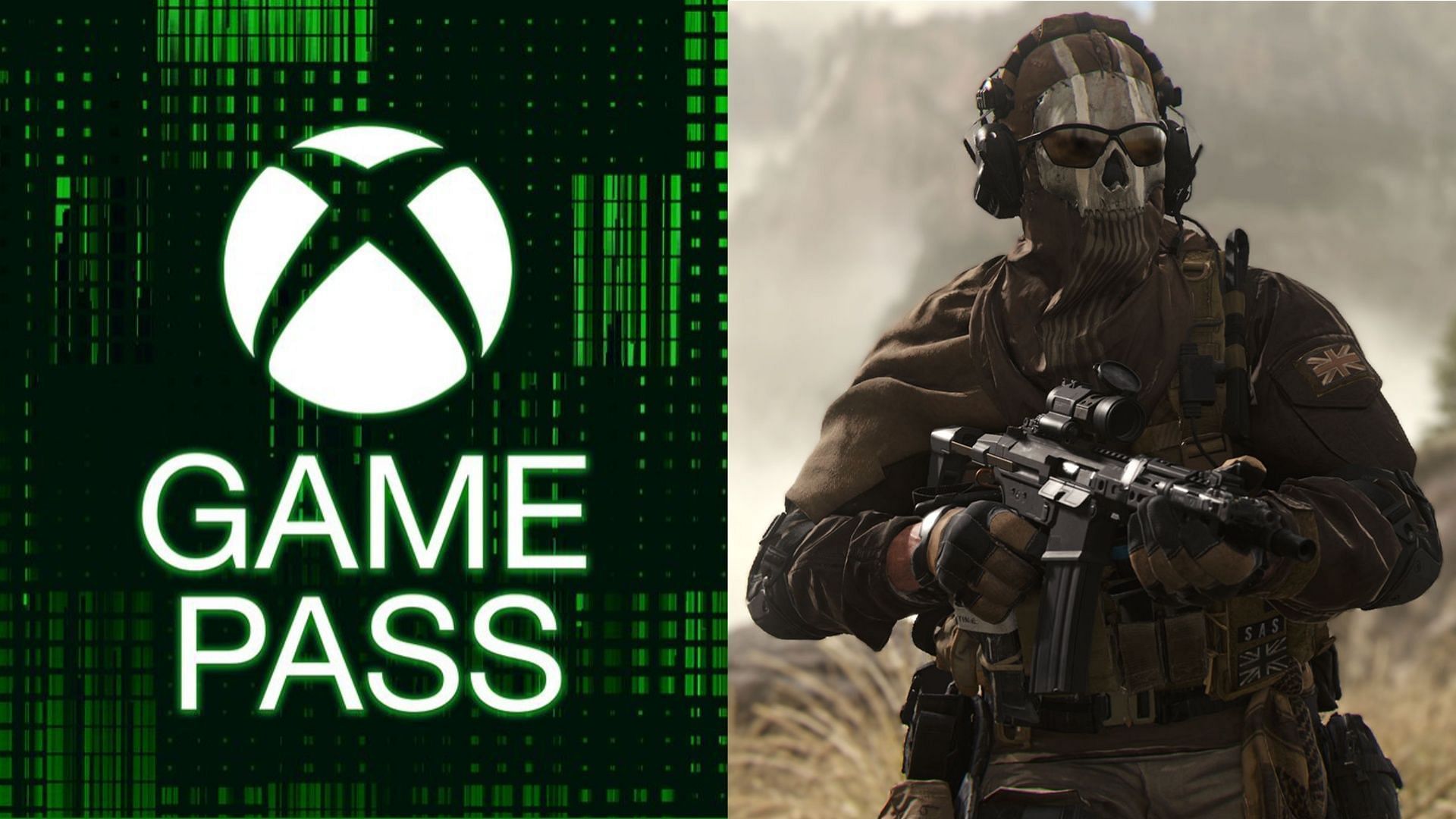 Xbox Game Pass logo on the left and Ghost from Modern Warfare 2 on the right.