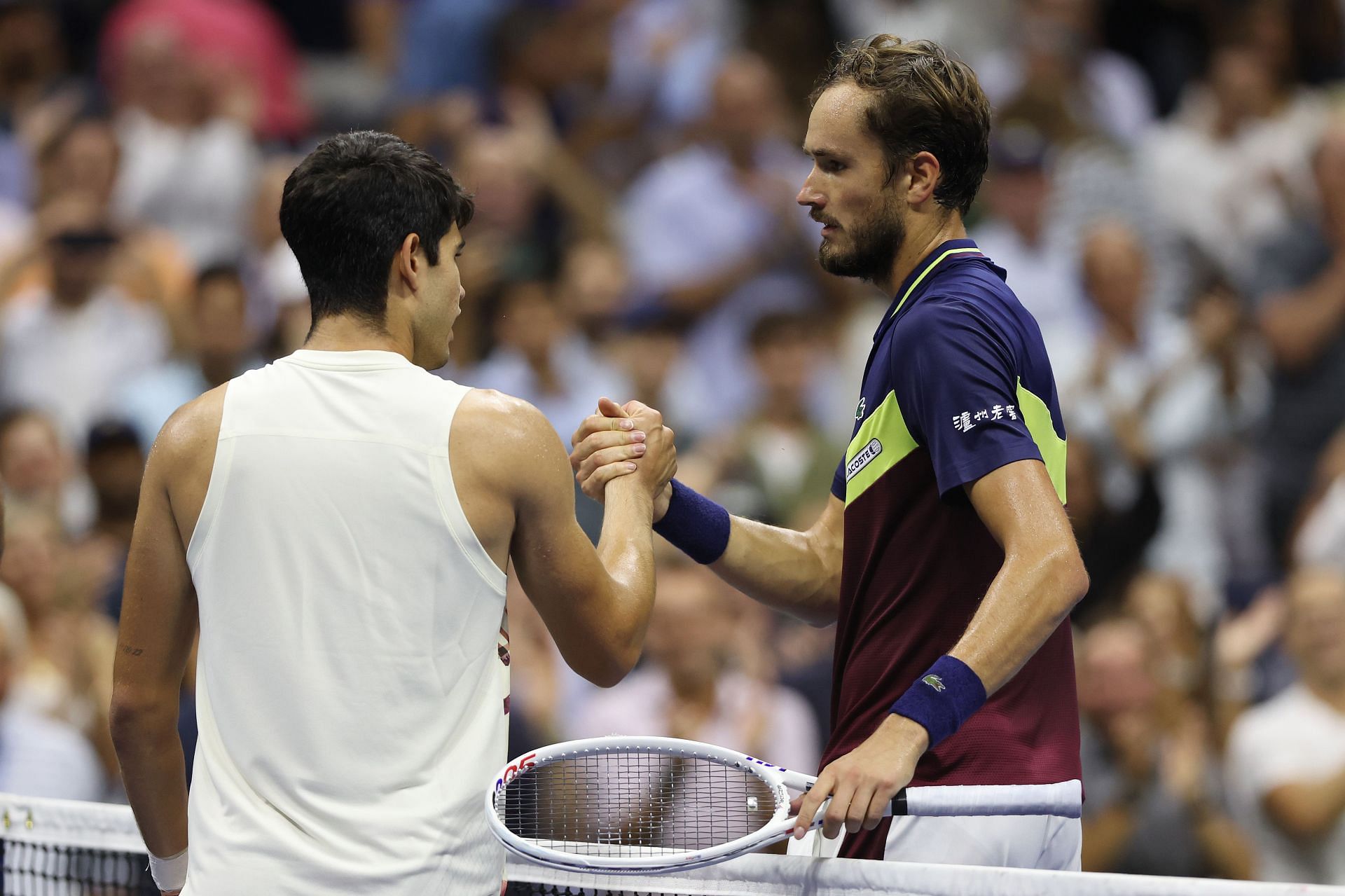 Carlos Alcaraz and Daniil Medvedev pictured at the 2023 US Open.