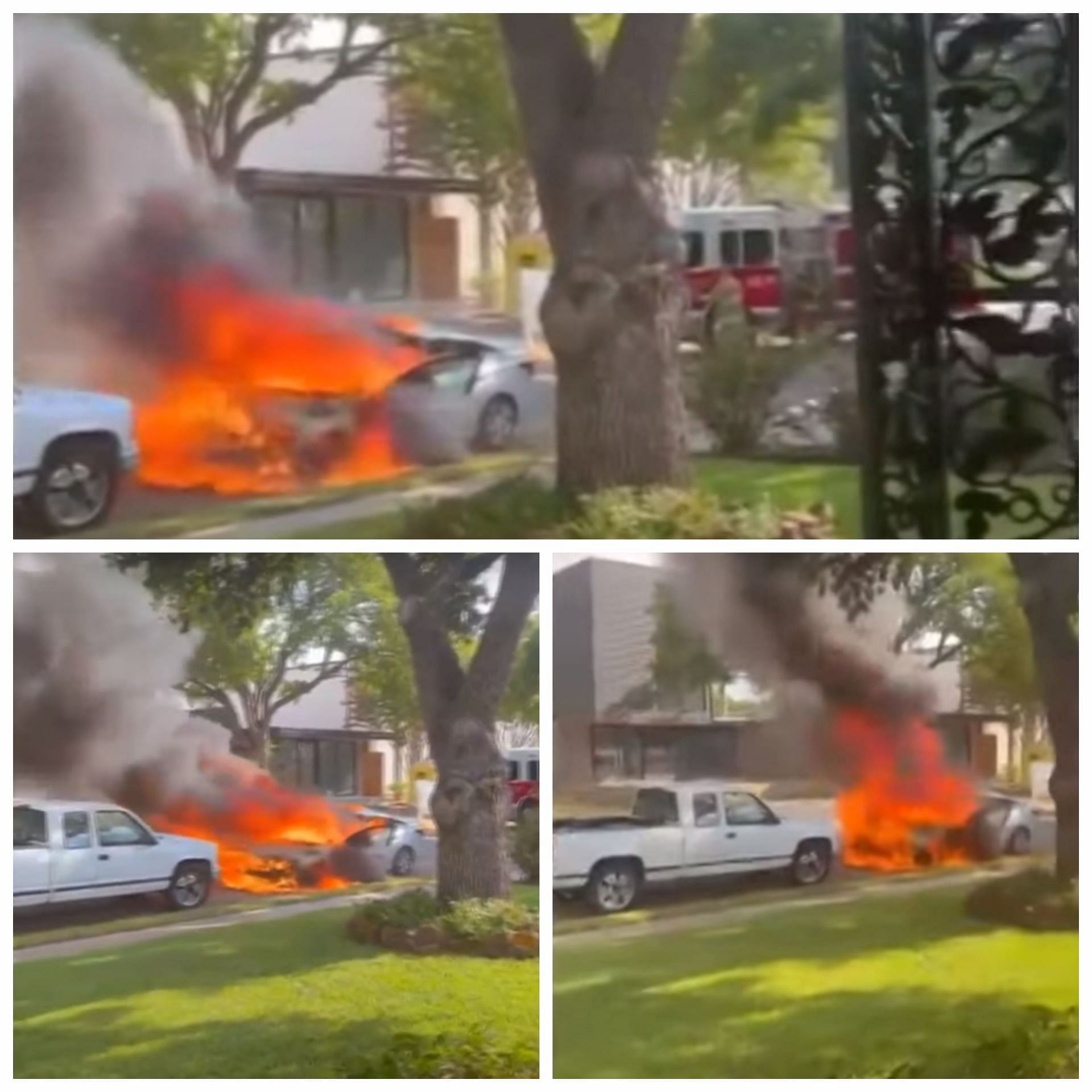 Dennis Brown&#039; car was engulfed in flames (Image via Youtube/Fox 4 News)