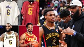 Hinting at a USC return, a thrilled LeBron James celebrates as Bronny James' USC jersey is showcased alongside Lakers jersey