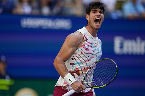 Carlos Alcaraz in action during the fourth round of the US Open