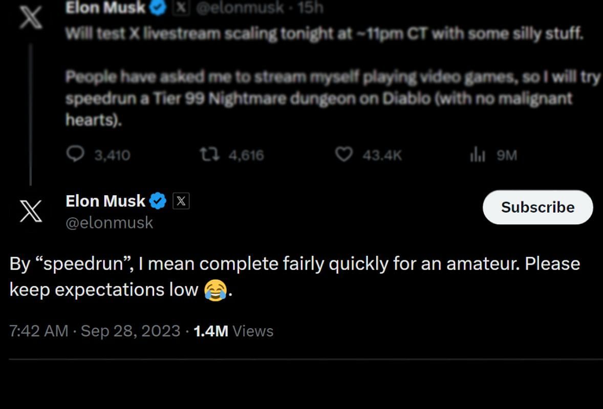 Elon wants viewers to temper their expectations about the speedrun (Image via X)