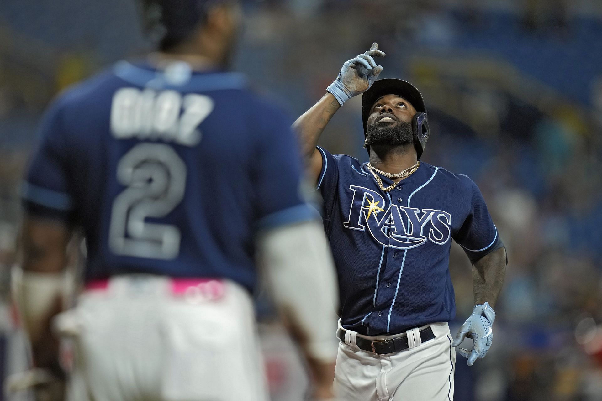 Randy Arozarena, right, celebrates his two-run home run against the Los Angeles Angels in St. Petersburg, Florida