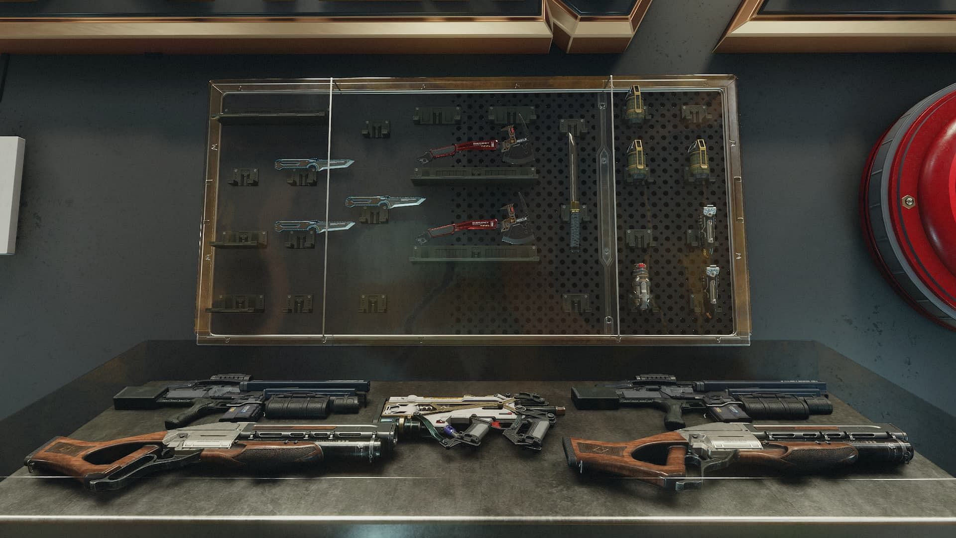 An image of all Starfield weapons on display. 