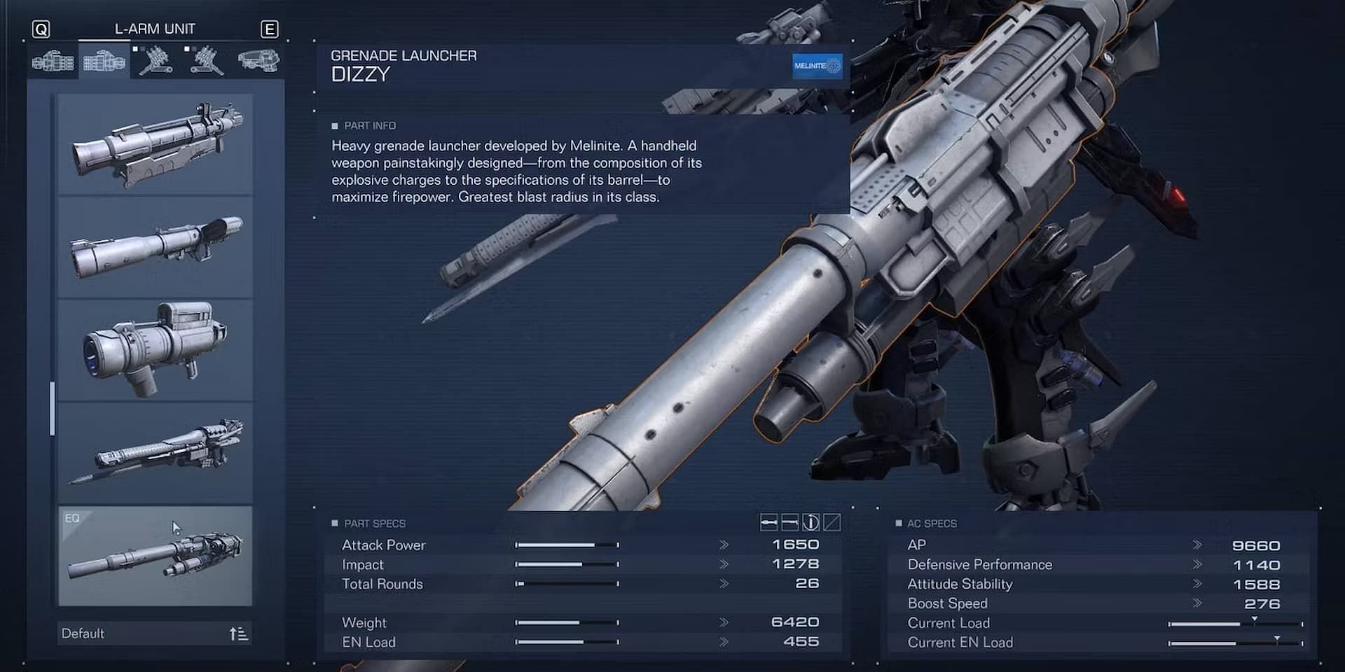 The DIZZY has the biggest blast radius among all Grenade Launchers in Armored Core 6 (Image via FromSoftware)