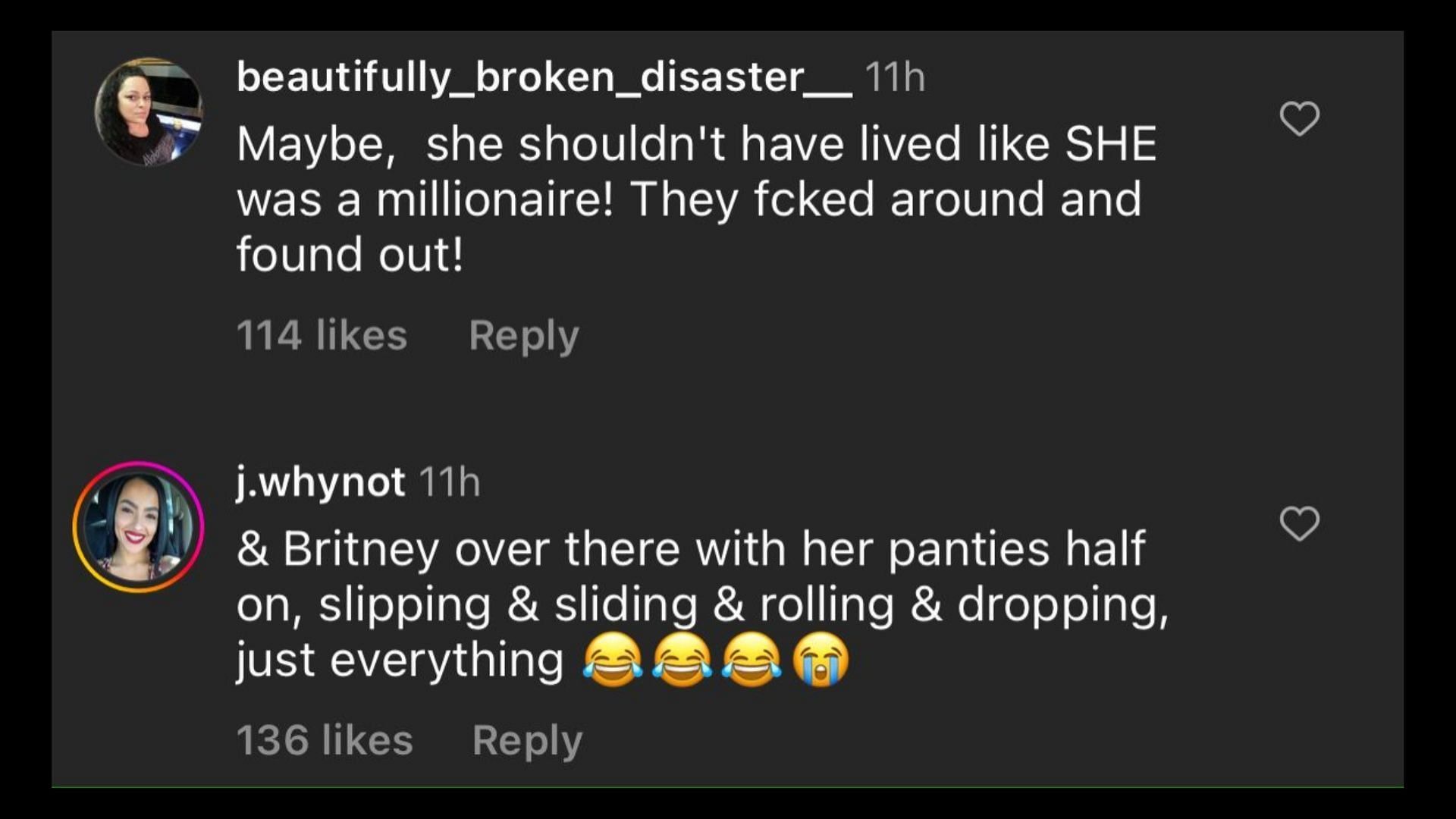 Screenshot of Internet users remarking on Lynne&#039;s financial condition after falling out with Britney. (Photo via @hollywoodunlocked/Instagram)