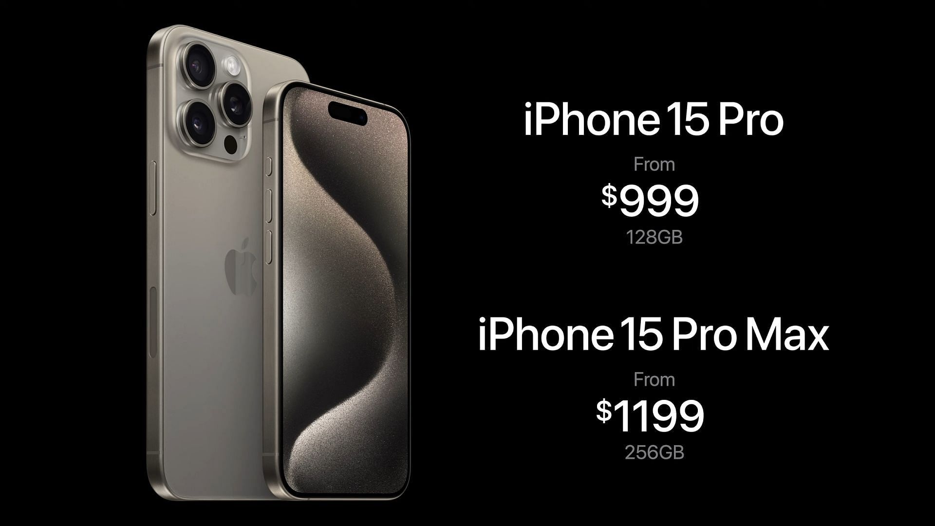The 15 Pro and iPhone 15 Pro Max will cost $999 and $1199, respectively (Image via Apple)