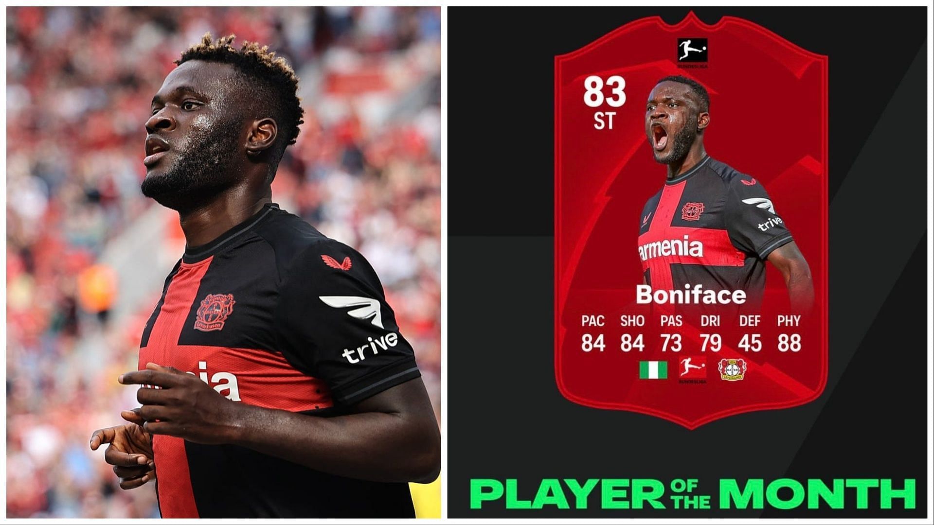 POTM Boniface is now live in EA FC 24 (Images via Getty and EA Sports)