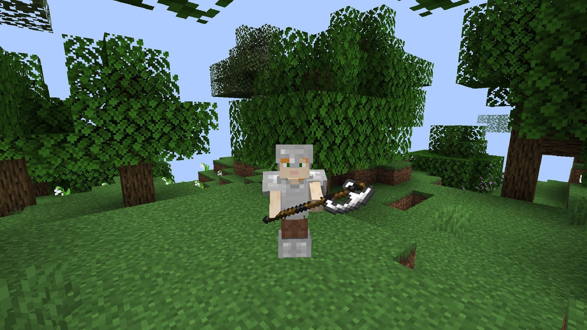 Alex wields a large double-handed axe in the Medieval Weapons Minecraft mod.