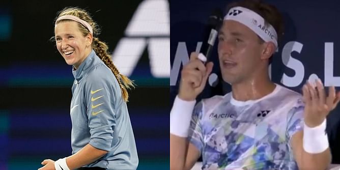 "Why is this so funny" - Victoria Azarenka amused by Casper Ruud's struggle to hold mic at Ultimate Tennis Showdown 2023