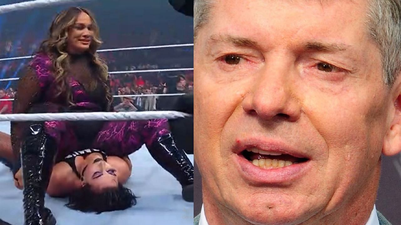 Nia Jax attacks Ripley (left); Vince McMahon (right)