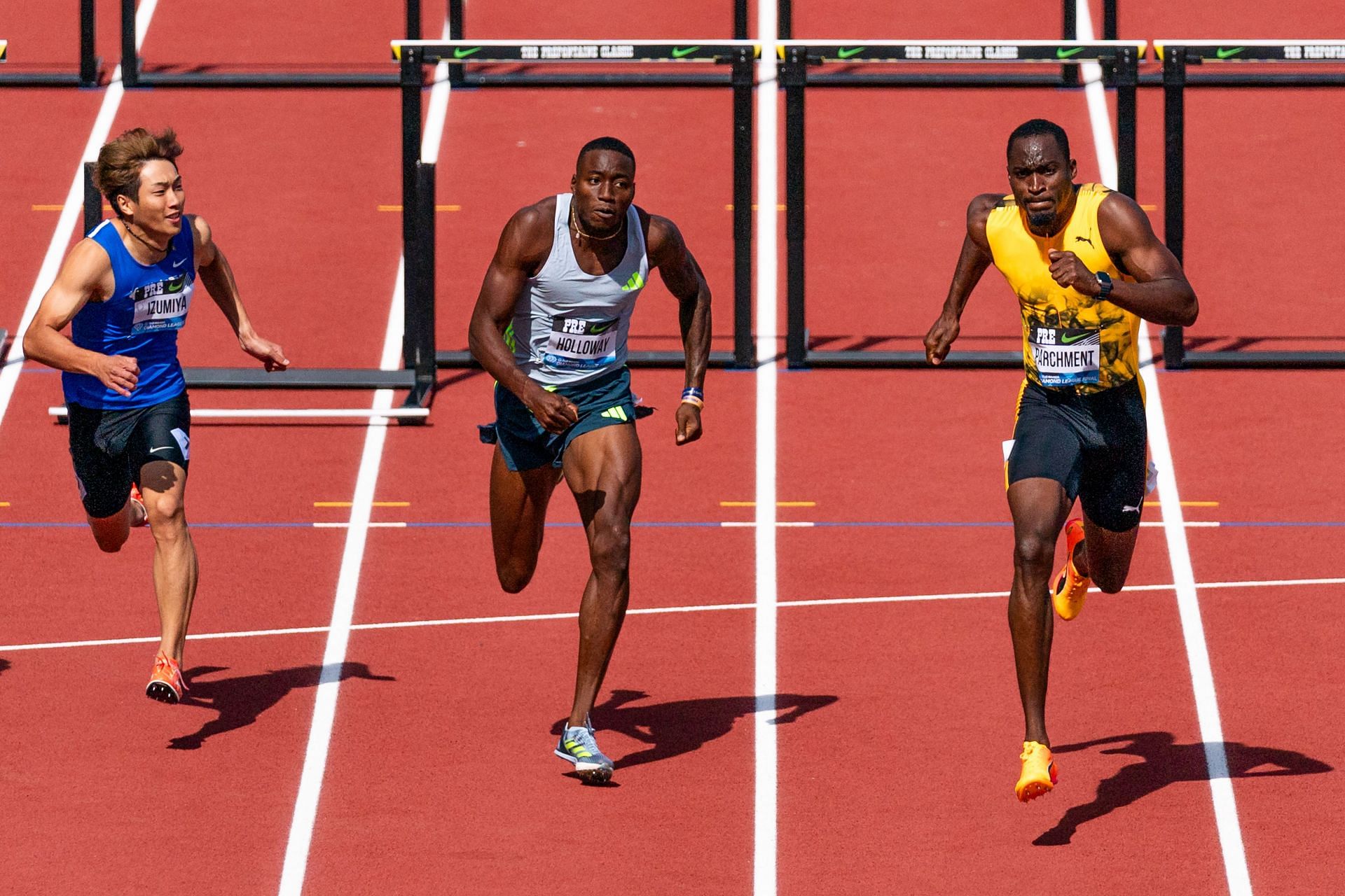 Athletes compete in men&#039;s 110m hurdles at the Prefontaine Classic: Diamond League 2023 at the Hayward Field in Eugene, Oregon