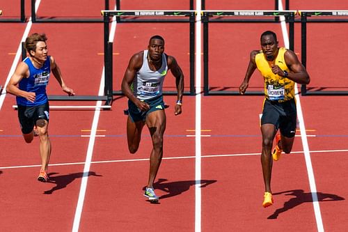 Athletes compete in men's 110m hurdles at the Prefontaine Classic: Diamond League 2023 at the Hayward Field in Eugene, Oregon