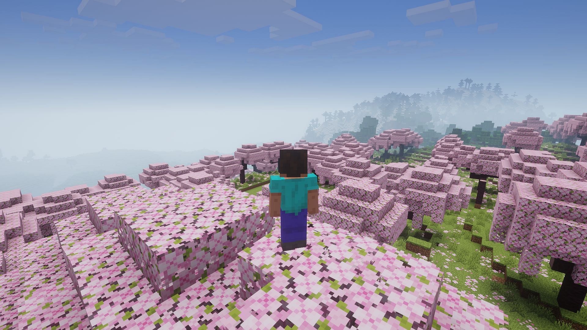 Cherry groves biome in Minecraft 1.20 with potato shaders (Image via Minecraft)
